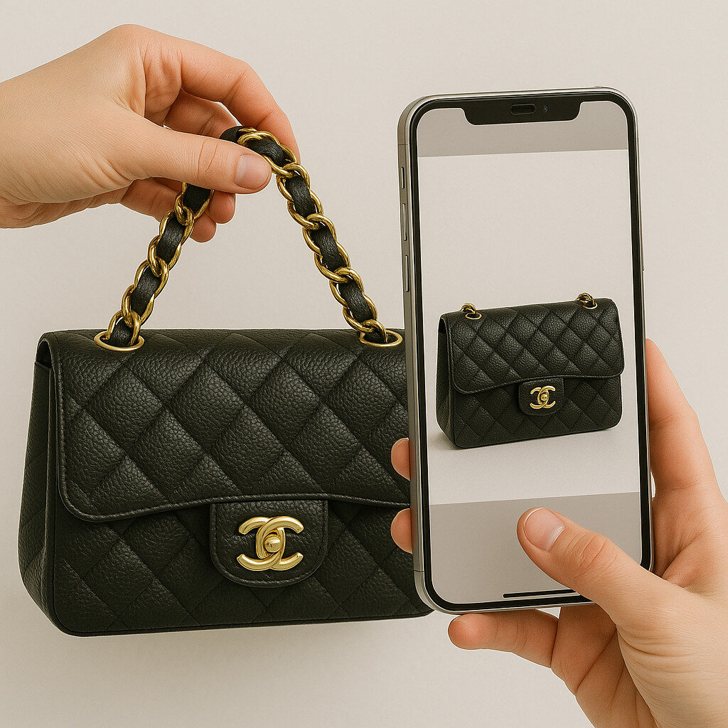 Fotografia de bolsa Chanel usada sendo preparada para venda online